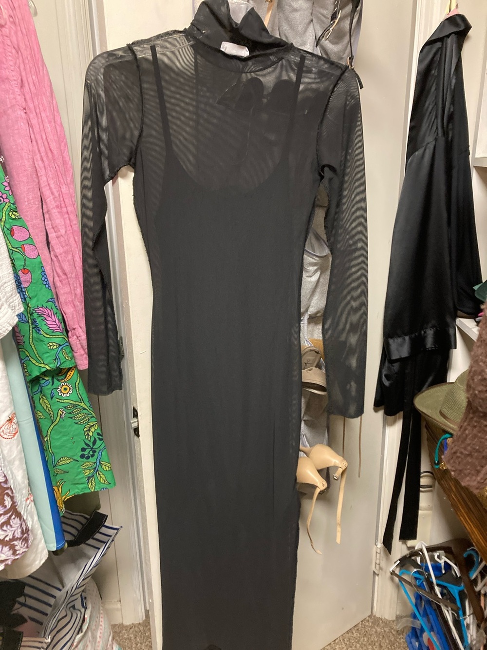 vestique Black Sheer Long-Sleeve Midi Slip Dress